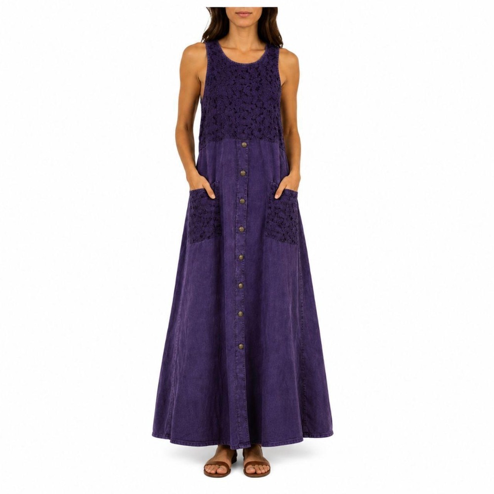 FROXX Purple Embroidered Boho Maxi Dress Sleeveless Waist Tie